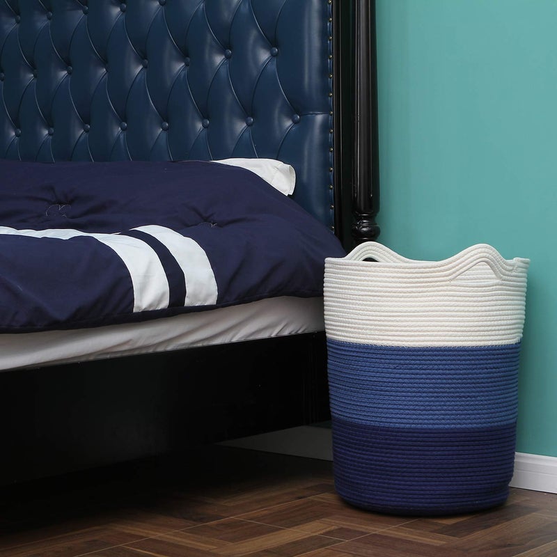 Sea Team Large Size Cotton Rope Woven Storage Basket with Handles, Laundry Hamper, Fabric Bucket, Drum, Clothes Toys Organizer for Kid's Room, 20 x 14 inches, Round Open Design, White & Navy - Image 2